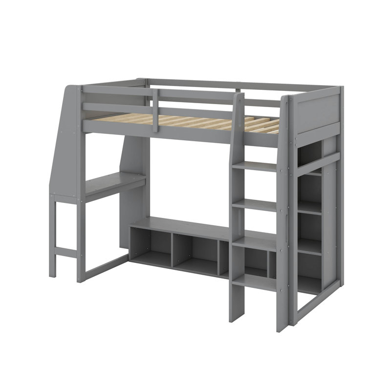 Lit mezzanine simple avec bureau et support à vêtements suspendu, Lit simple, Gris