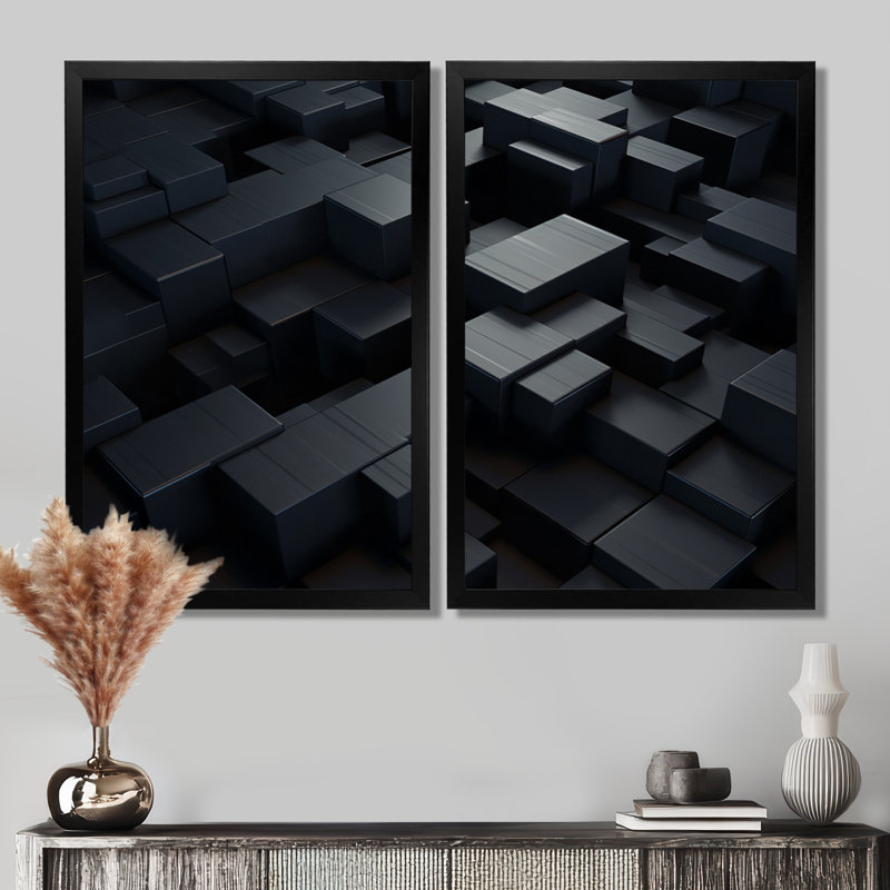 Dimensions de cube de brique noire 3D - reproduction d'art sur toile encadrée géométrique abstraite, art mural abstrait noir 2 pièces