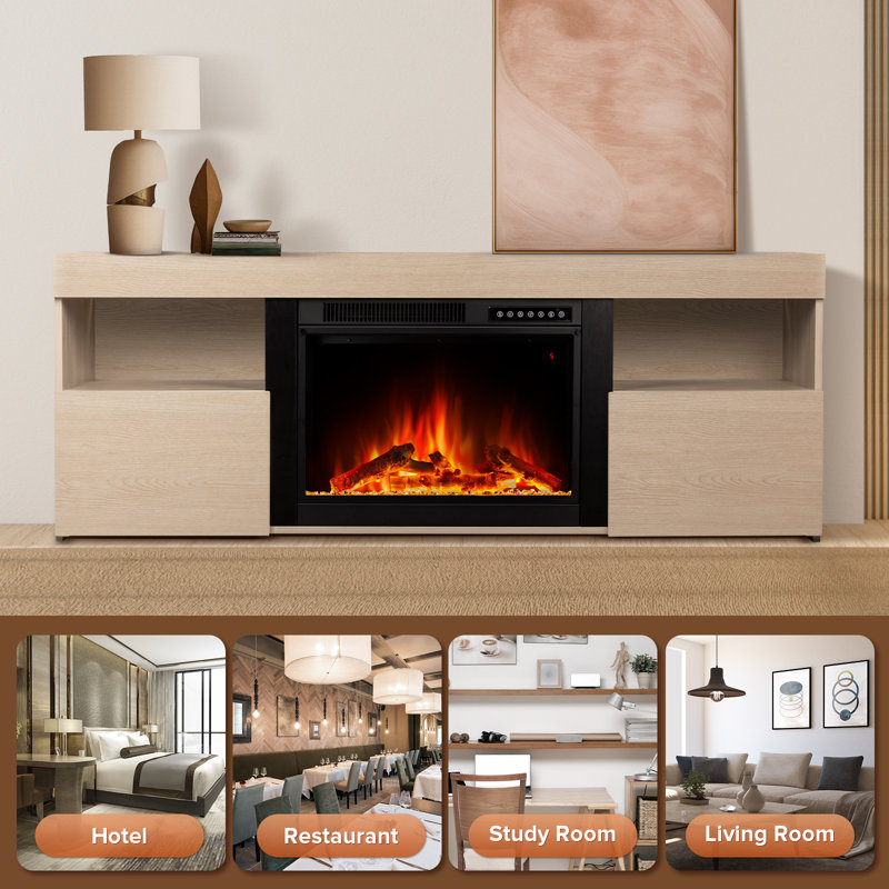TV Stand for TVs up to 60" with Electric Fireplace with Remote Control,Adjustable Real 3d Flame Brightness, Light Oak