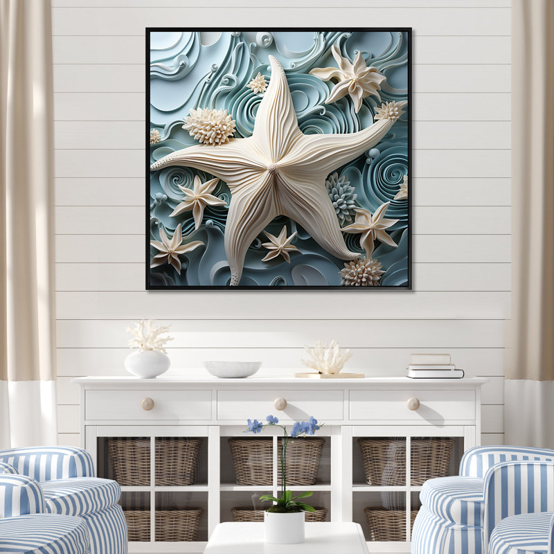 «White and Blue Oceanic Starfish Gem», art mural étoile de mer, Noir, H 16 po x l 16 po