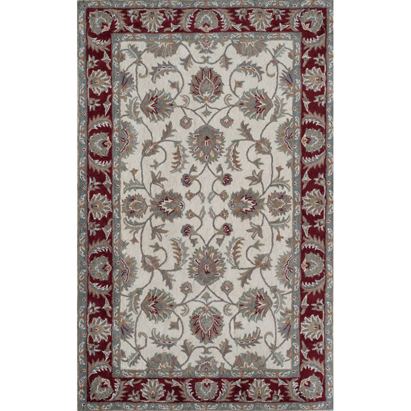 Handmade Ivory Burgundy Wool Oriental Area Rug, 5' x 8'