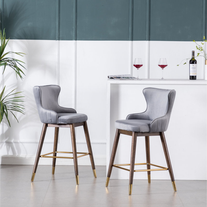 2 tabourets à oreilles de hauteur comptoir de couleur grise, revêtus d'un tissu doux et d'un rembourrage en mousse épaisse, gris élégant, siège fuselé dense