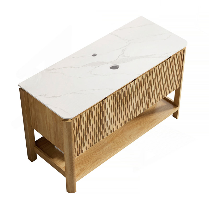 Armoire autoportante 48 po avec 3 portes et tablette ouverte, plateau en pierre frittée blanc de Carrare, sans lavabo, sans robinet ni drain, couleur grain de bois de chêne brun