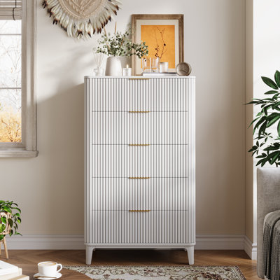 Fluted 5 Drawers Dresser For Bedroom, 45" Modern Tall Chest Of Drawers With Wood Grain, Farmhouse Wooden Vertical Dresser by Ebern Designs