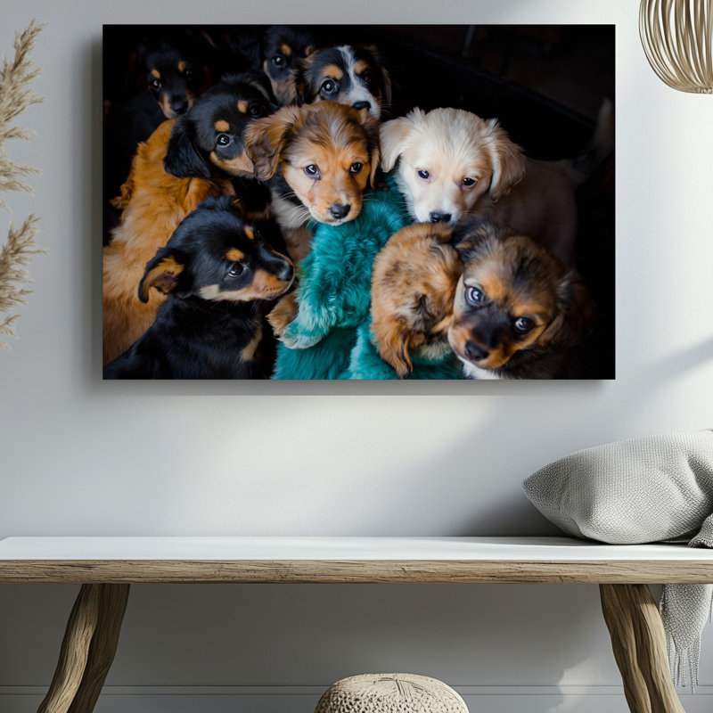 Toile dans un coin douillet et légèrement éclairé d'un ensemble d'art mural adorable chiots adorant leur fourrure douce et moelleuse