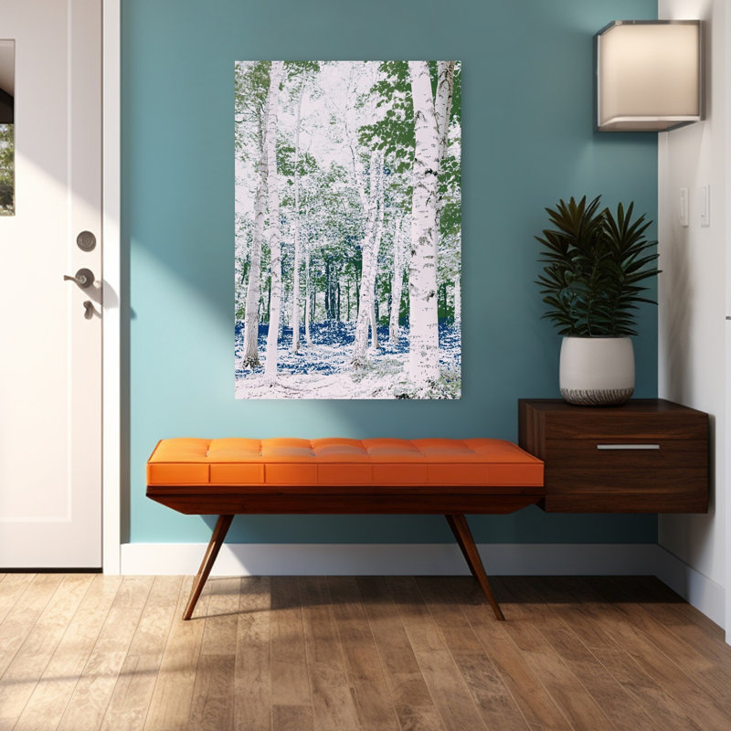 Bouleaux blancs, fleurs bleues, art contemporain contemporain de paysage de forêt de bouleaux moderne, 48" H x 32" W