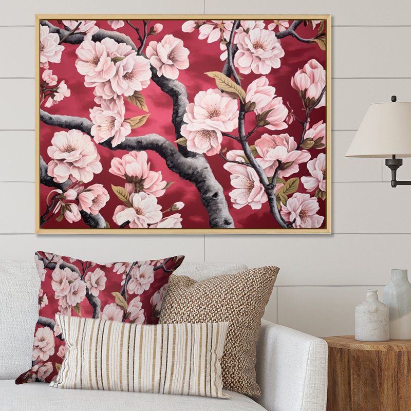 «Cherry Blossum Flower Whispers IV», reproduction sur toile, H 16 po x l 32 po x P 1 po, Cadre naturel flottant