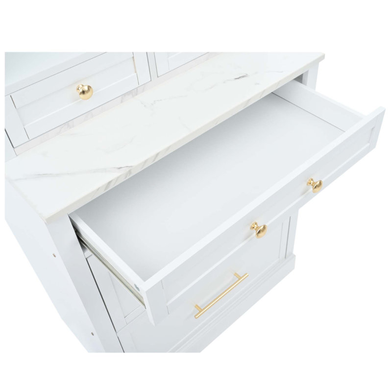 Garde-manger moderne de 83,7 pouces de hauteur, grand bahut autoportant avec plateau en faux marbre, armoire avec 5 tiroirs de rangement et tablette réglable, ensemble de 2