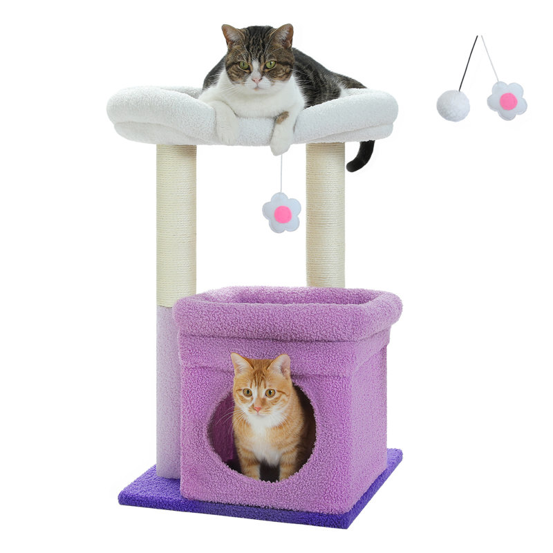 Cat Tree Flower Cat Tower for Indoor Cats with Private Cozy Cat Condo, Natural Sisal Scratching Posts and Plush Pom-pom for Small Cats, Purple