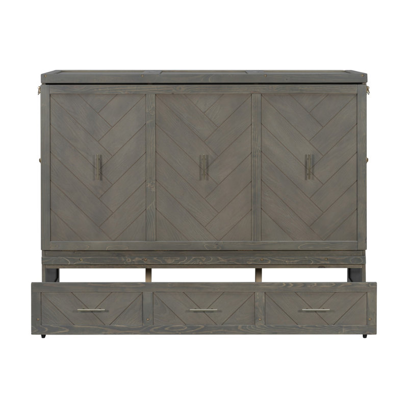 Murphy Bed, Cabinet Bed with Built-in USB Charging Station and Geometrical Decoration Panel, Antique Grey