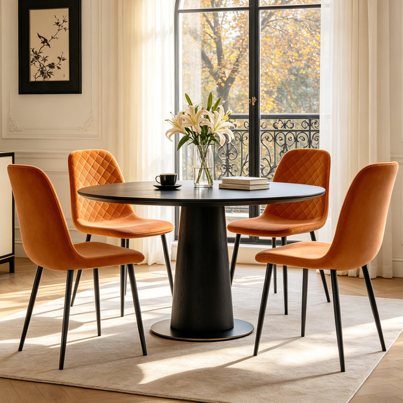 Velvet Upholstered Dining Chairs with Diamond‑Quilted Backrest and Sturdy Metal Legs, Orange