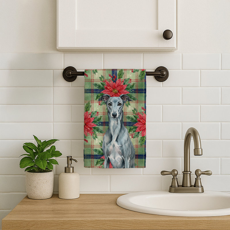 Blue Brindle Greyhound Christmas PoinsettIas Kitchen Towel, Blue Brindle Greyhound