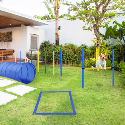 4pc Dog Agility Training Component Package - Jump Hurdle, Tunnel, Pause Box, Weave Poles & Backpack Blue/yellow. Strengthen Affinity Degree, Safe , Lightweight Handling Procedure Canine Obstacle Kit