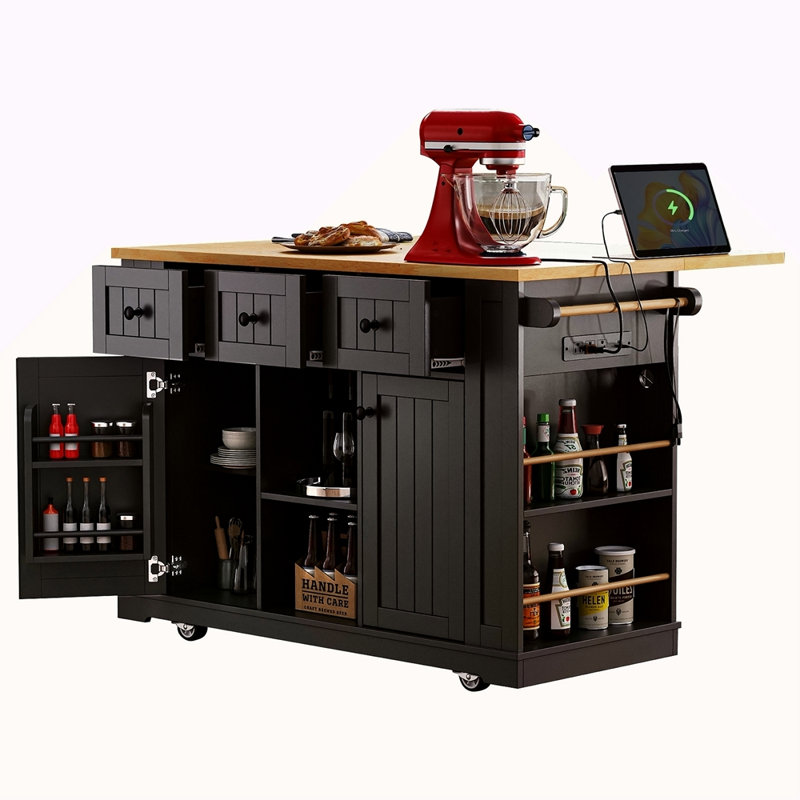 53Inch Large Kitchen Island With Drop Leaf, Power Outlet, Door Internal Storage Rack, Rolling Kitchen Cart On 5 Wheels With 5 Open Side Racks For Kitchen, Dining Room(Not Include Bar Stools)