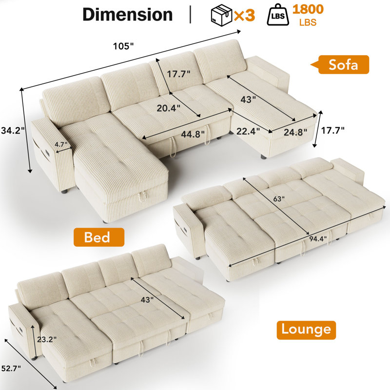 Canapé-lit modulaire multifonctionnel avec chargement USB / Type-C, dossier réglable à 5 positions, assemblage sans outil, tissu en velours côtelé avec housses lavables - Canapé en forme de U
