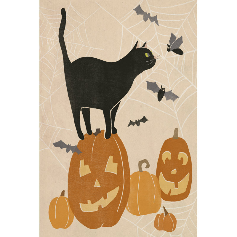 Pumpkin Patch Cats I by June Erica Vess - Painting on Canvas, 30 cm H x 20 cm W, Black Floater Framed
