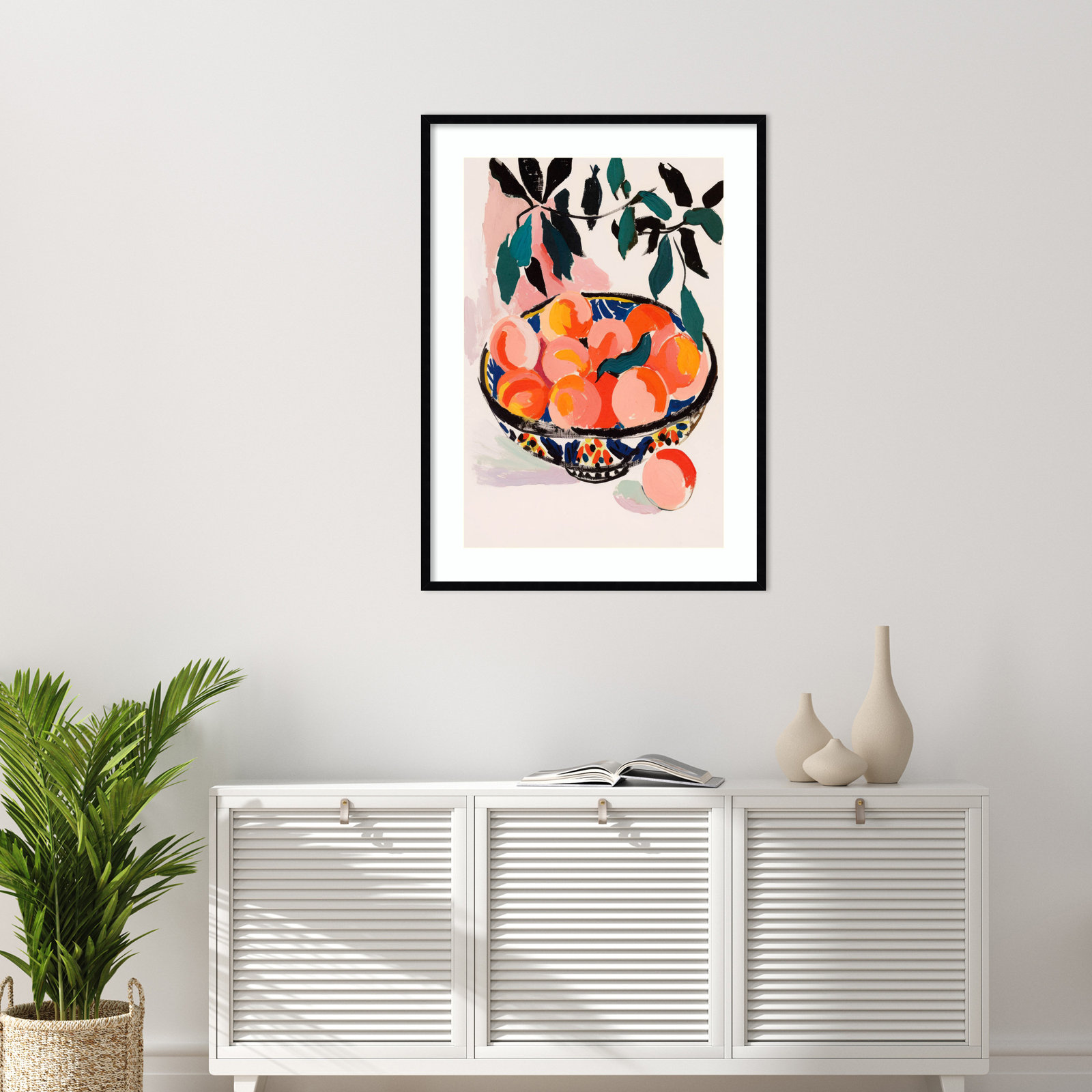 Fresh Peach Fruit Bowl by Treechild Wood Framed Wall Art Print, 41" H x 30" W, Black Framed