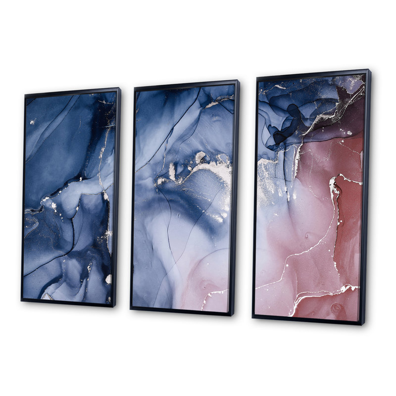 «Blue and Pink Marble Ink Clouds V», ensemble de 3 impressions sur toile à cadre flottant, Cadre noir