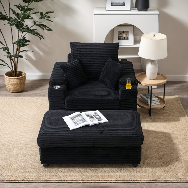 Chaise longue rembourrée avec repose-pieds, Tissu noir