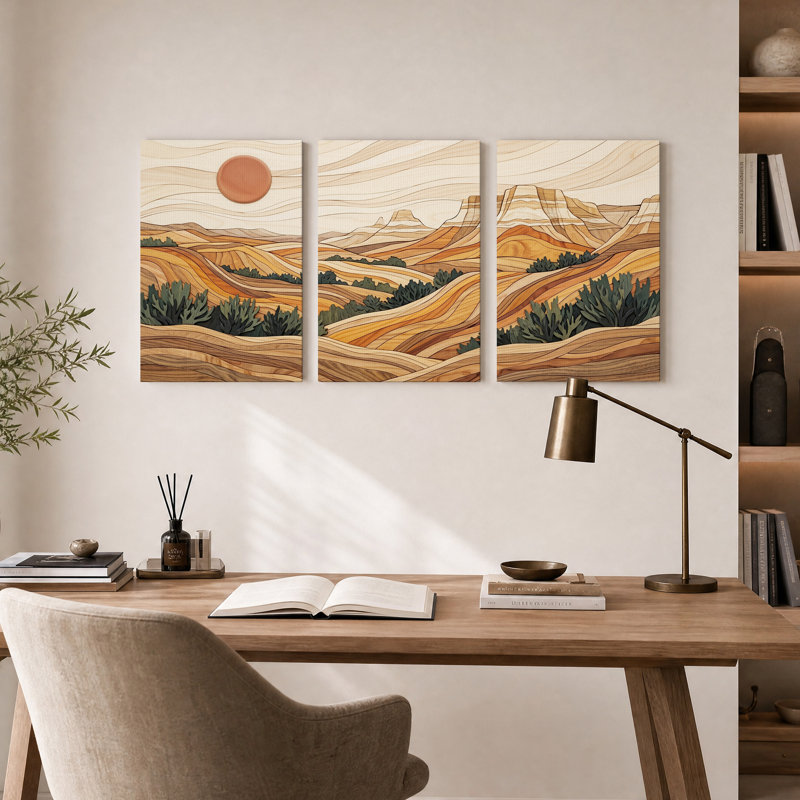 "Earth Tone", grain de bois, paysage désertique, ensemble de 3 toiles, H 36 po x l 24 po x 3 pièces
