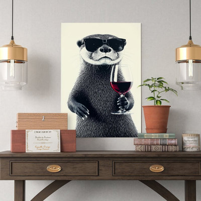 Canvas Wall Art Otter Drinking Red Wine-1 Vintage Poster Print Home Decor