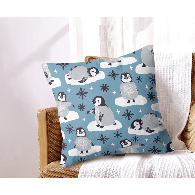 Penguin Fun Throw Pillow, Blue Abstract