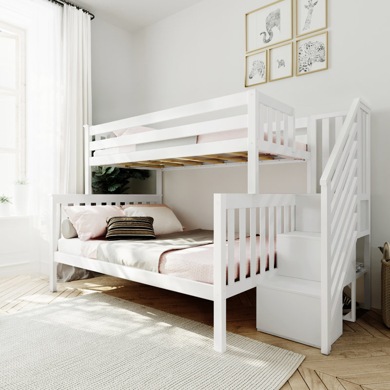  Bolles Solid Wood Standard Bunk Bed with Staircase, White, Twin over Full