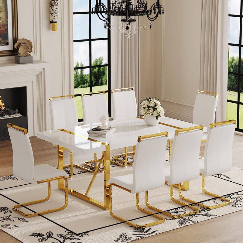 71" Modern Dining Room Table Set, High Gloss Kitchen Table With Chairs, Faux Leather Seats With Gold Metal Legs, White