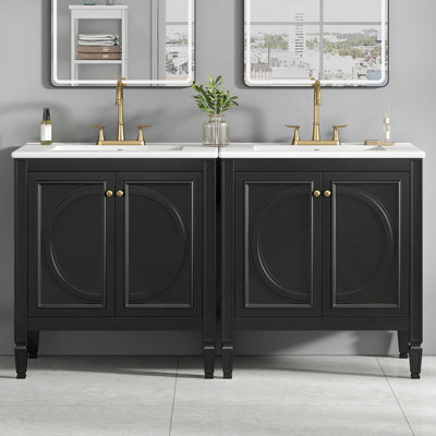 Meuble-lavabo de salle de bain avec lavabo en céramique, tiroir de rangement et portes à fermeture en douceur
