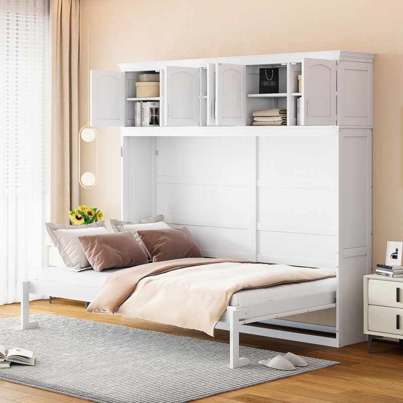 Grand lit en blanc, espace pour salle de gymnastique à domicile, mur d'installation facile à utiliser et à utiliser avec finition blanche, bureau d'étude, aucun sommier tapissier requis