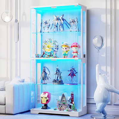 China Cabinets With Glass Doors, 4-tier Curio Cabinet With 3 Color Lights For Collectibles, 65" Lighted Glass Display Case With Transparent Full-display Surface, Human Body Sensor,white