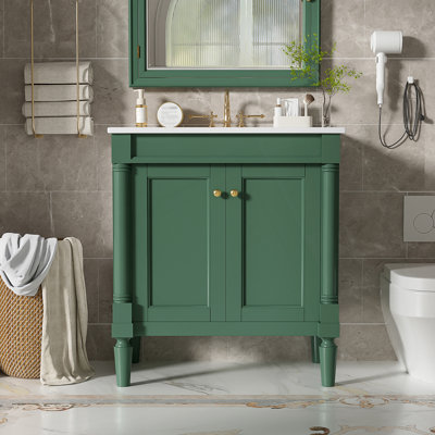 Meuble-lavabo de salle de bain luxueux de 30 pouces avec lavabo en céramique, portes à fermeture douce et pieds en bois massif pour un rangement élégant