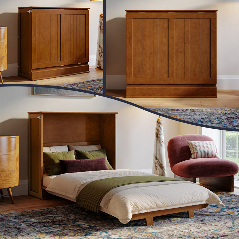 Lit escamotable Winthrop en bois avec matelas de 10 cm, Très grand simple, Teck