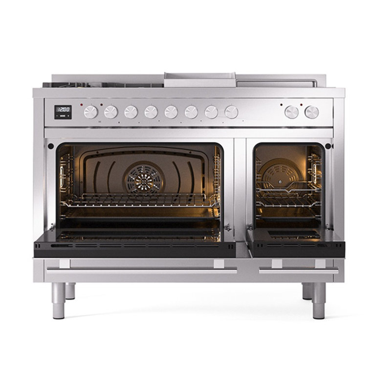 Ilve Professional Plus II 48 po à double brûleurs à 5 brûleurs, plaque chauffante et surface française, Acier Inoxydable