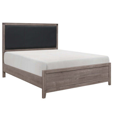 Industrial Design Faux Leather Upholstered  Panel Bed With Weathered Wood Look And Metal Accents