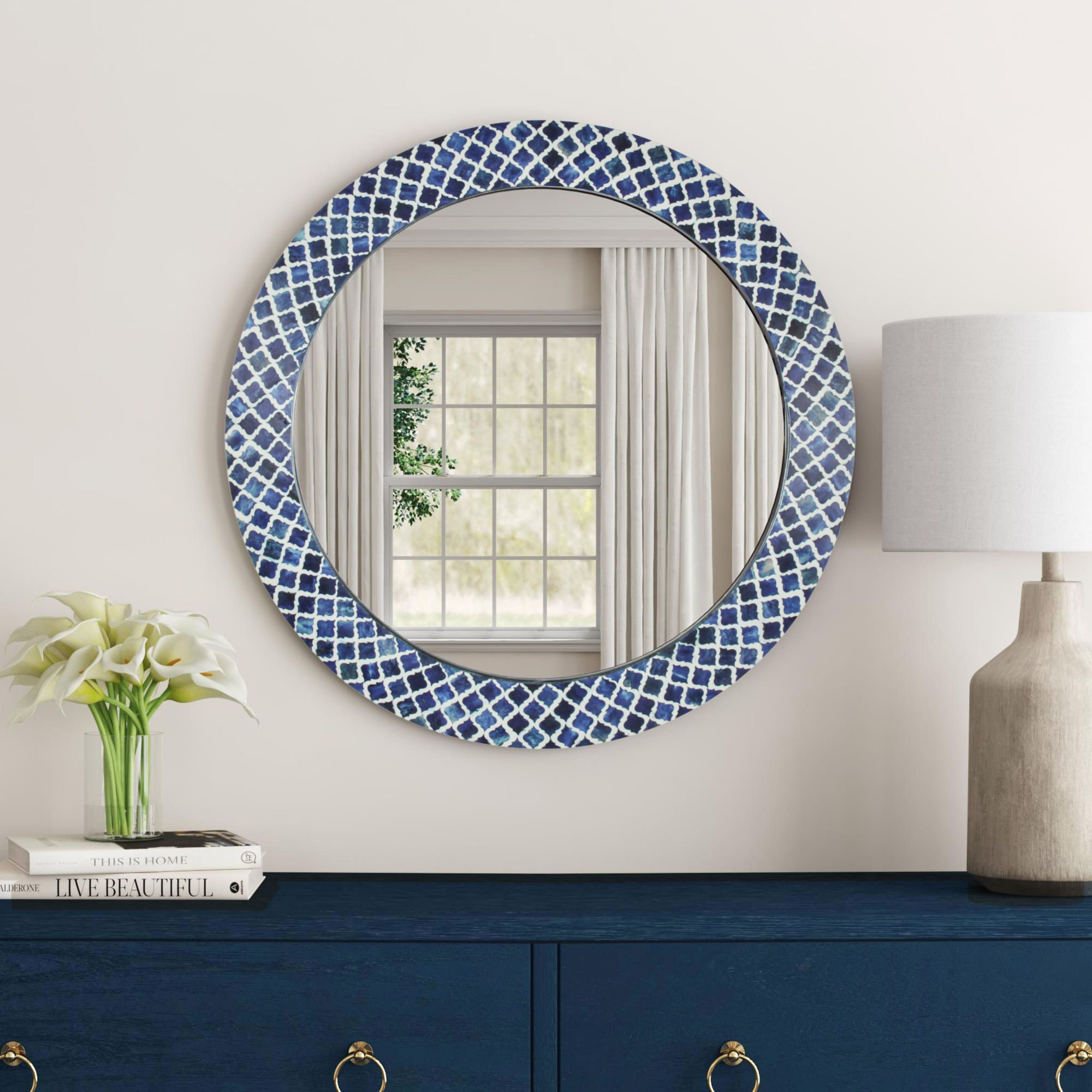 Adea Bone Inlay Diamond Pattern Accent Mirror, Round