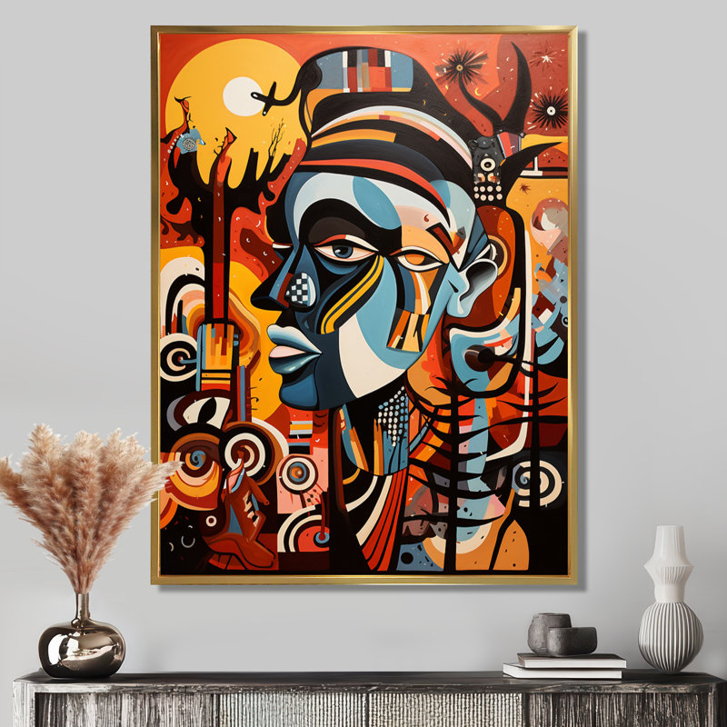 Chaos tribal abstrait bleu minimaliste - Masque africain, art mural salon, Cadre flottant doré, H 40 po x l 30 po x P 1,5 po