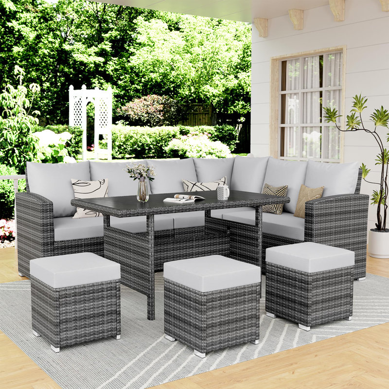 7 Pieces Outdoor Patio Furniture Set, Outdoor Sectional Dining Table Set, Outdoor Furniture With Wicker Rattan Dining Table