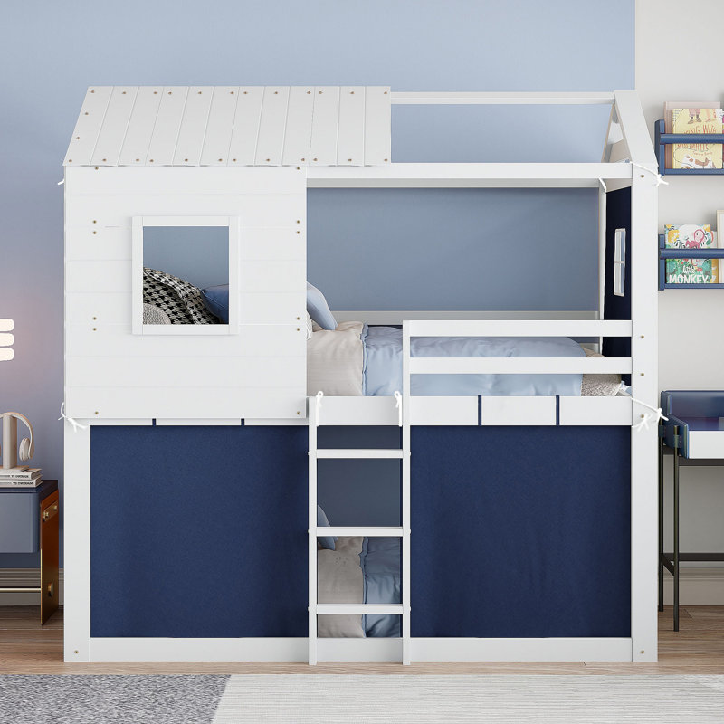 Lit superposé en bois avec tente, Bleu, Lit simple