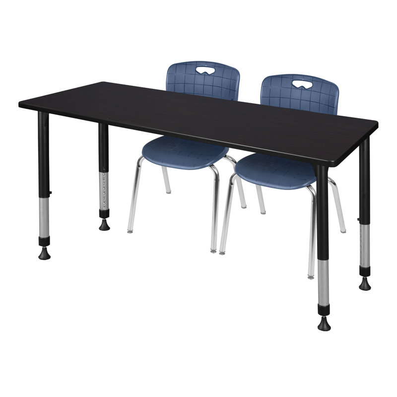 Regency Kee Adjustable Classroom Table & 2 Andy 18 in. Stack Chairs, 34" H x 66" L x 24" W, Maple/Chrome/Navy Blue