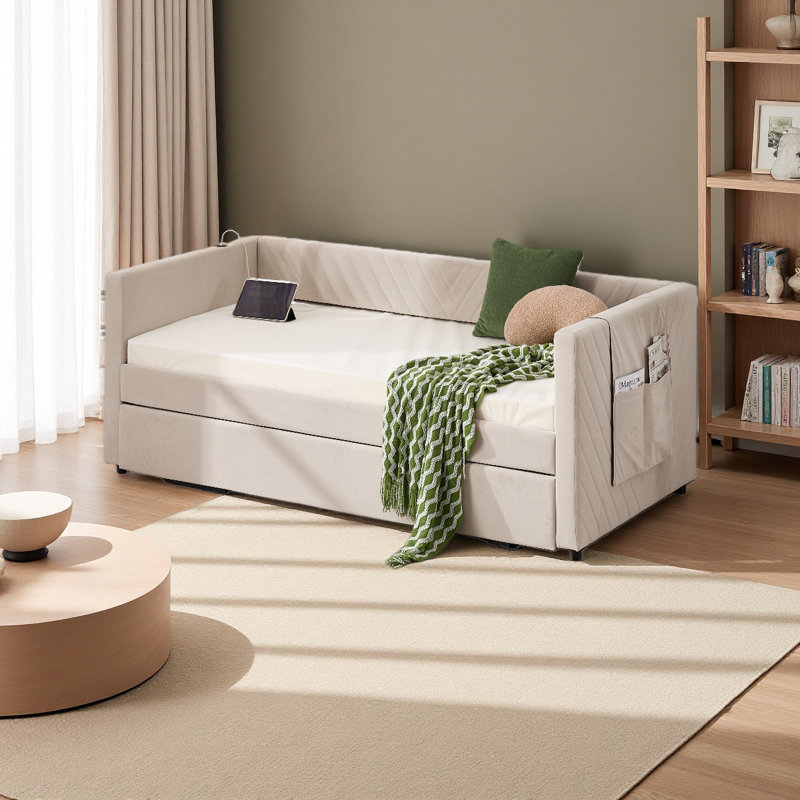 Twin Size Upholstered Daybed With Trundle,USB Port ,Side Pockets, Modern V-Grained Backrest Design,No Box Spring Needed, For Bedroom, Guest Room