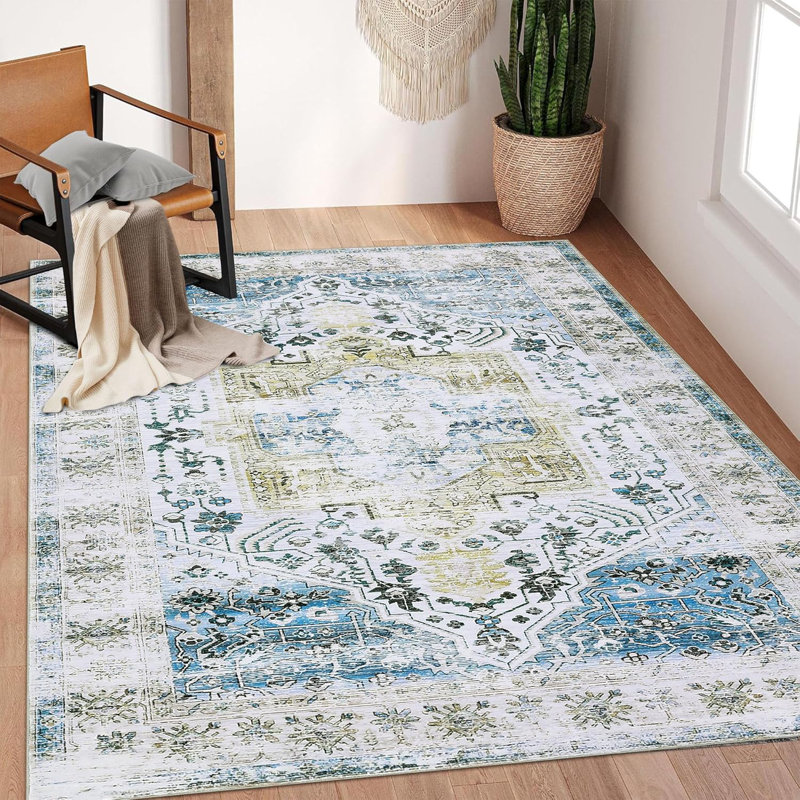 2x6 Runner Rug Kitchen Hallway Entryway – Vintage Floral Oriental Design Non-Slip Stain Resistant Low Pile Floor Covering (Blue)
