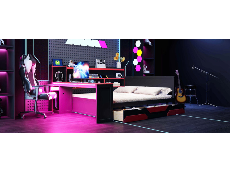 Lit de jour grand format avec bureau et lumières intégrés, base de lit en bois moderne avec 3 tiroirs de rangement et station de charge intégrée, bibliothèque multifonctionnelle pour tête de lit
