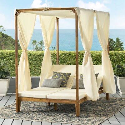 Daybed For Outdoor Enjoyment, Waterproof Accessories, Lounges, With Water- Curtains And Adjustable Chaise Wood Frame, Cushions, Furniture Relaxation