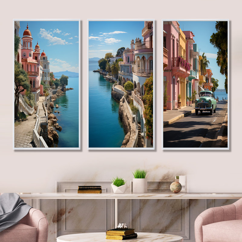 Cuba Cienfuegos perle du sud - ensemble de 4 décorations murales paysage cubain, H 28 po x l 36 po, Cadre flottant blanc
