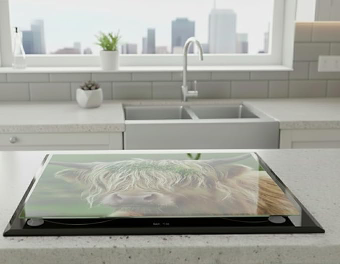 Multicolour Highland Cow Universal Hob Cover Plate 5Mm Thick Tempered Glass All Types Cookers Kitchen Decor Worktop Saver 4X Feet Large Chopping Board 60 X 52 Cm (Hob Cover with 4 X Grey Feet)