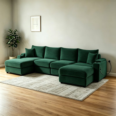  6-Seater U-Shaped Corduroy Sectional Sofa With Usb Ports, Storage Armrests & Cup Holders
