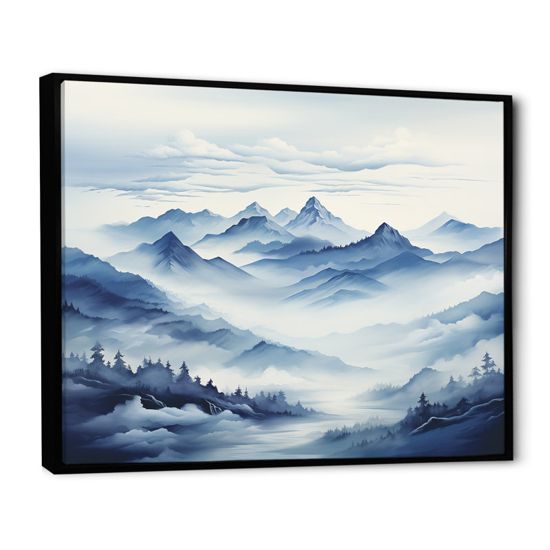 Montagne, montagne, bleu, harmonies II - montagnes, art sur toile, Cadre flottant noir, 12" H x 20" W