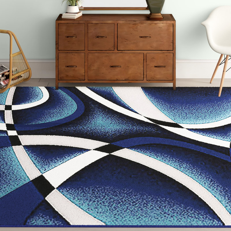 Mccampbell Abstract Area Rug, Rectangle 7' x 10', Navy Blue/White/Gray