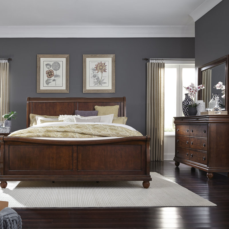Ensemble de chambre avec lit-bateau très grand californien, commode et miroir Lenny, Très grand californien, Brun